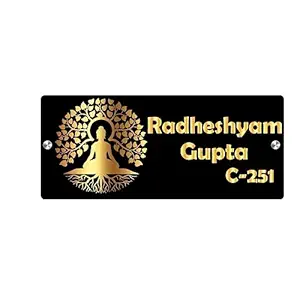 Customized Acrylic Lord Buddha Under Tree Laser Cut Name Plate with 2 Stainless Stud for Door Entrance_(14inchX6inch) Black & Golden