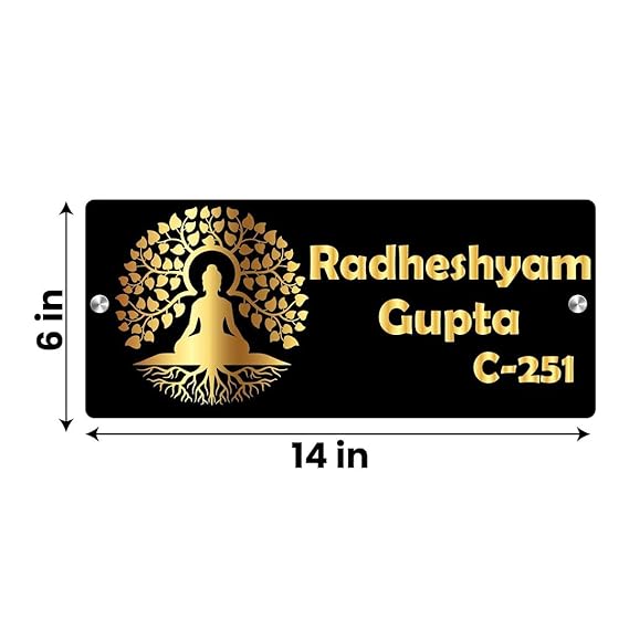 Customized Acrylic Lord Buddha Under Tree Laser Cut Name Plate with 2 Stainless Stud for Door Entrance_(14inchX6inch) Black & Golden