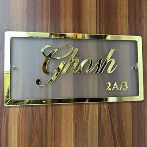 Customized Golden Border Forsted Name Plate with Mirror Gold Laser Cut Letter for Entrance Decoration(12x6)