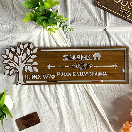 Customised Wooden Name Plate for Home Entrance Outdoor 30x13cm with Silver Acrylic Tree Motif and Letters for House Door