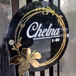 Customized Black & Golden Flower with White Laser Cut Acrylic Letter Nameplate for Entrance Decoration (10x10inch)