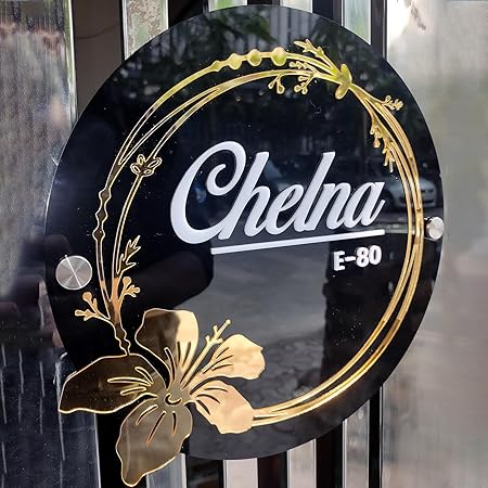 Customized Black & Golden Flower with White Laser Cut Acrylic Letter Nameplate for Entrance Decoration (10x10inch)