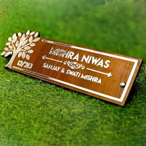 Customised Wooden Name Plate for Home Entrance Outdoor 30x13cm with Silver Acrylic Tree Motif and Letters for House Door