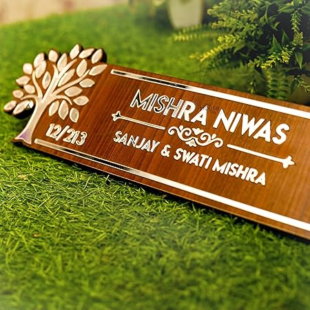 Customised Wooden Name Plate for Home Entrance Outdoor 30x13cm with Silver Acrylic Tree Motif and Letters for House Door