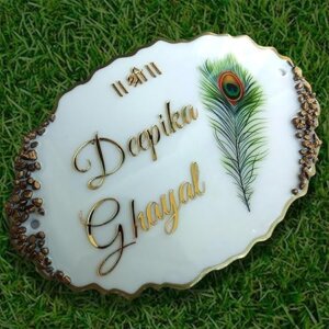 Nameplatewali Resin & Acrylic Door Name Plate for Home Entrance | Customized Name Plate for Home, Flat, Bungalow, Outdoor Name Plate for House| Custom Font & Size (Peacock Feather)