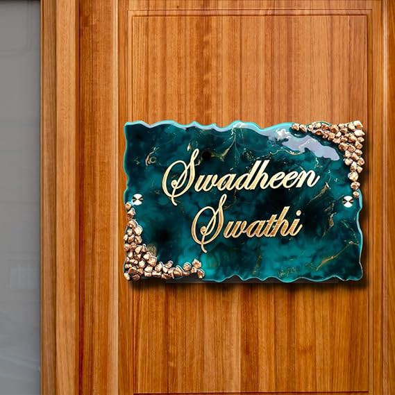 Nameplatewali Resin & Acrylic Name Plate for Home Entrance | Customized Name Plate for Home, Flat, Bungalow, Outdoor Name Plate for House| Custom Font & Size (Shiny Blue) (13X9) Inch