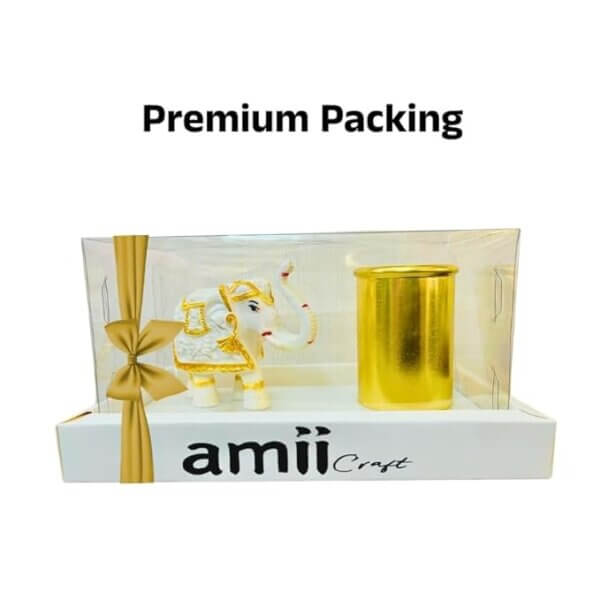 amiicraft Decorative Elephant Pen Holder, White and Gold, Desktop Organiser with Metal Container