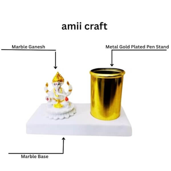 amiicraft Metal Gold Plated Pen Stand wirh Marble Ganesha best for gifting and office Table use