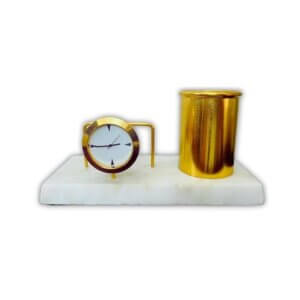 amiicraft Desk Organizer Set with Clock and Pen Holder, White Marble Base, Gold Metal Finish