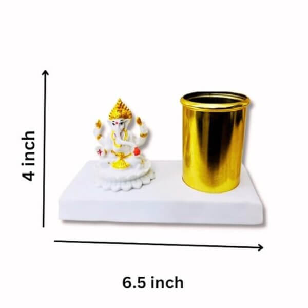 amiicraft Metal Gold Plated Pen Stand wirh Marble Ganesha best for gifting and office Table use