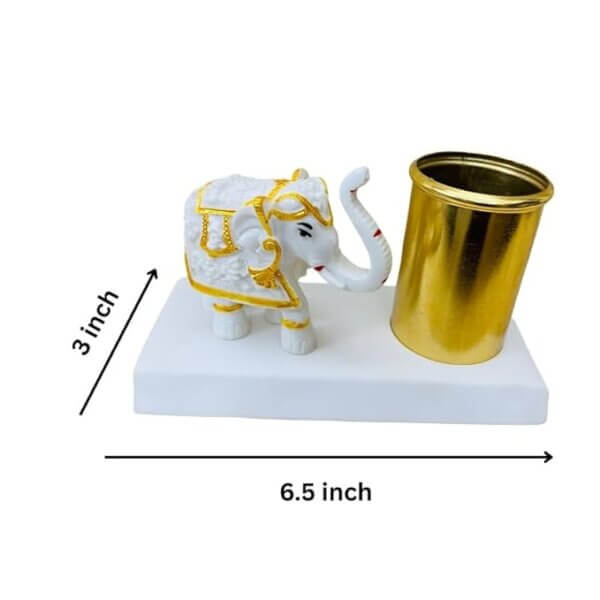 amiicraft Decorative Elephant Pen Holder, White and Gold, Desktop Organiser with Metal Container