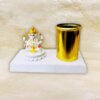 amiicraft Metal Gold Plated Pen Stand wirh Marble Ganesha best for gifting and office Table use