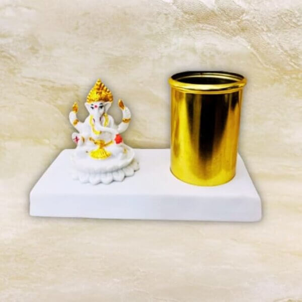 amiicraft Metal Gold Plated Pen Stand wirh Marble Ganesha best for gifting and office Table use