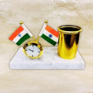 amiicraft Gold Plated Pen Stand with India Flag and Clock for office gifting use