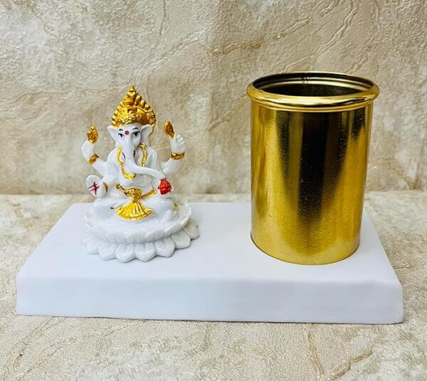 amiicraft Metal Gold Plated Pen Stand wirh Marble Ganesha best for gifting and office Table use